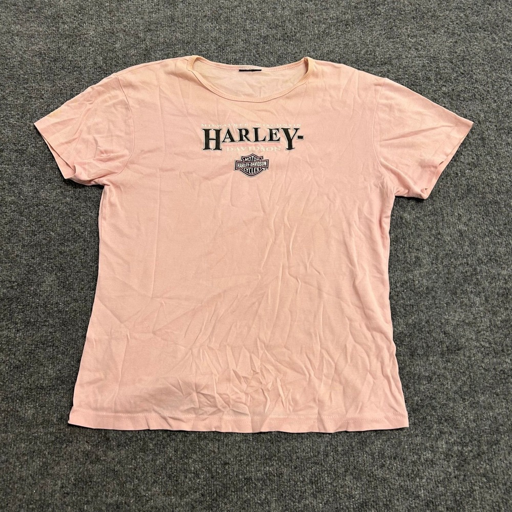 Harley-Davidson T-Shirt Womens Size M Pink Graphic Milwaukee WI Biker Stains